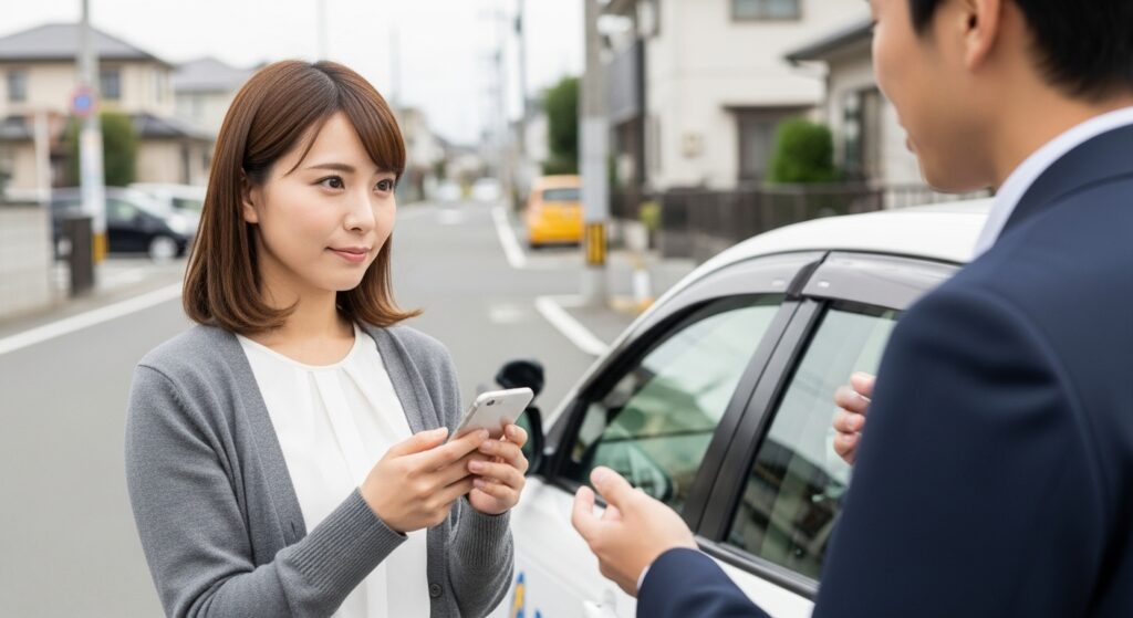 ペーパードライバー講習を終え、次回の予約をスマホで確認する30代派遣女性とインストラクター。