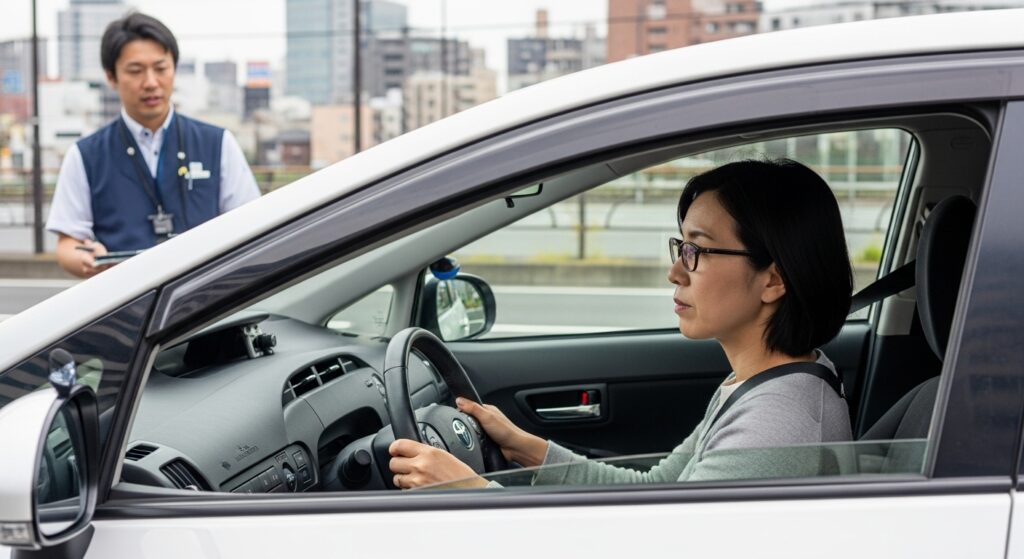早稲田通りで信号待ちをする40代女性ドライバーと指導中のインストラクター｜ペーパードライバー講習90分ルート体験