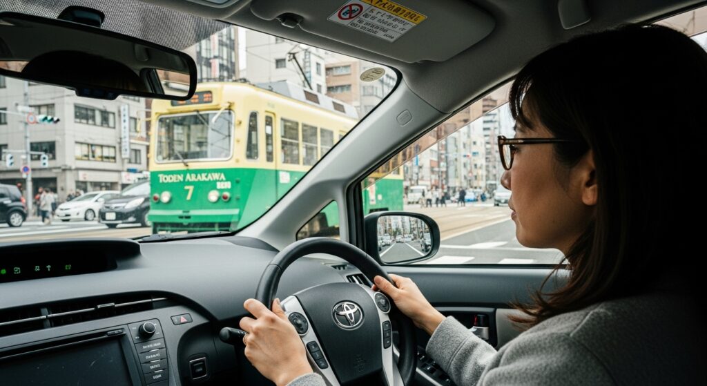都電荒川線との交差で信号待ちをする40代女性ドライバー｜ペーパードライバー講習の難所体験
