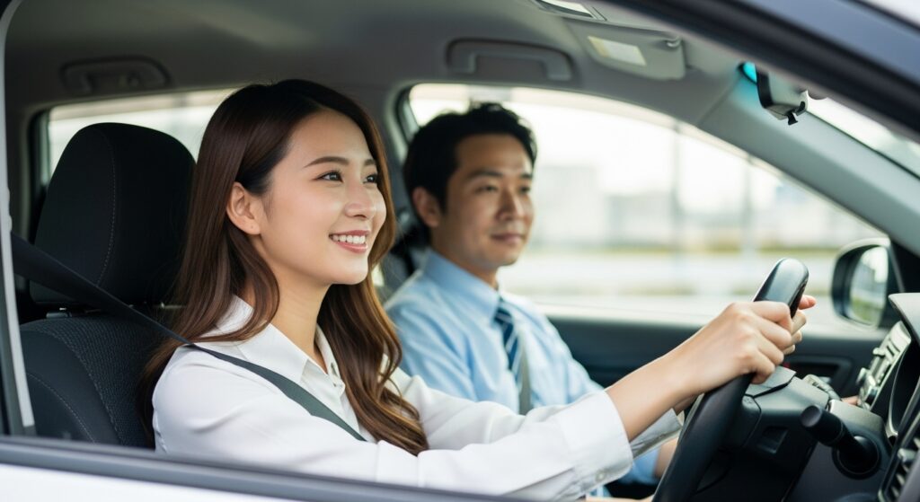 代々木駅出発のペーパードライバー講習で運転に挑戦する20代女性学生とインストラクター