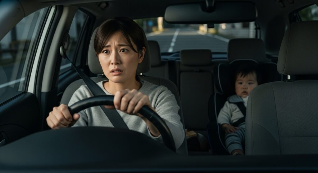 「運転中に不安そうな表情を見せる母親と、後部座席のチャイルドシートに座る幼い子供の車内シーン」