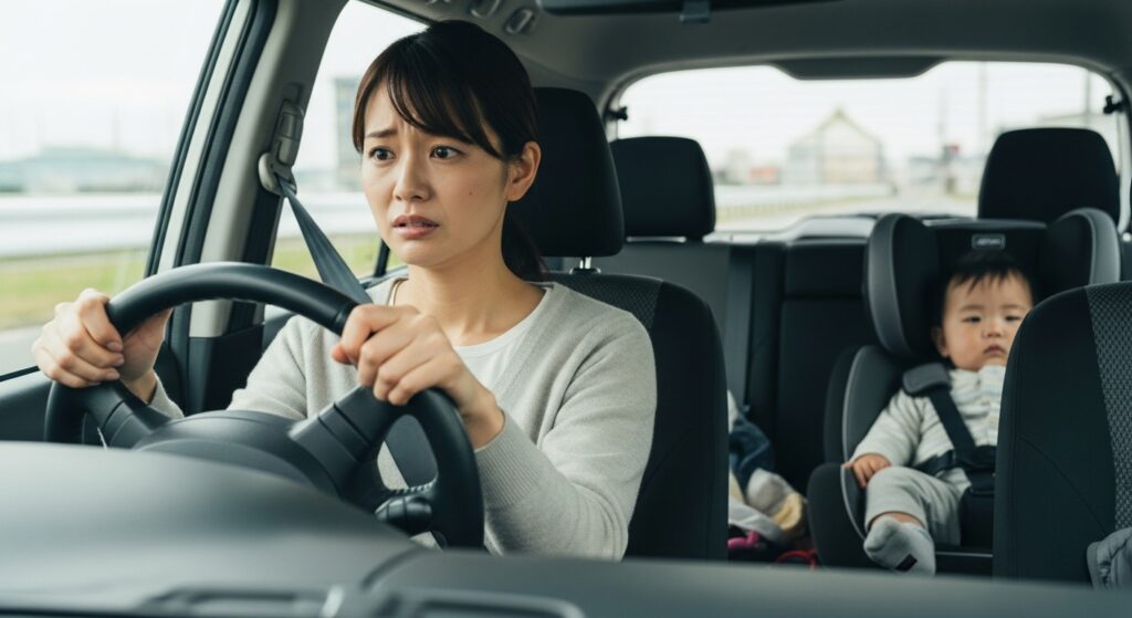 「不安そうに運転する母親と、後部座席のチャイルドシートに座る幼い子供の車内シーン」