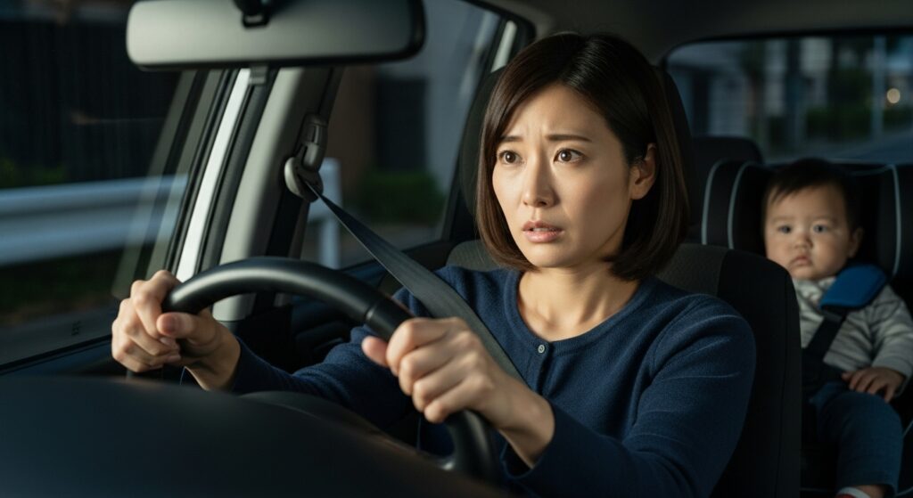 「不安そうに運転する母親と、後部座席のチャイルドシートに座る赤ちゃんの車内シーン」