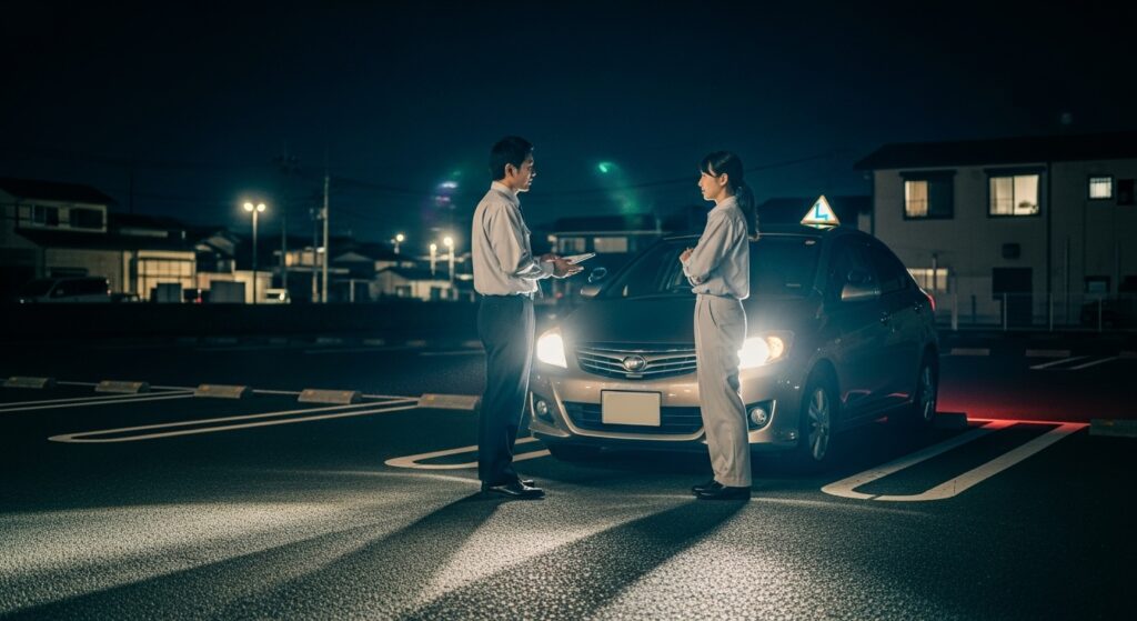 夜間の駐車場でインストラクターと受講者が車の前で会話しているペーパードライバー講習シーン