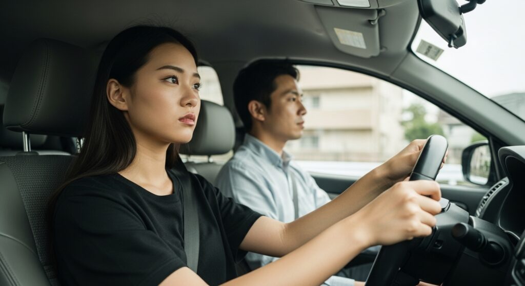 「大久保の韓国料理店で働く20代韓国人女性がインストラクターと運転練習をしている様子」