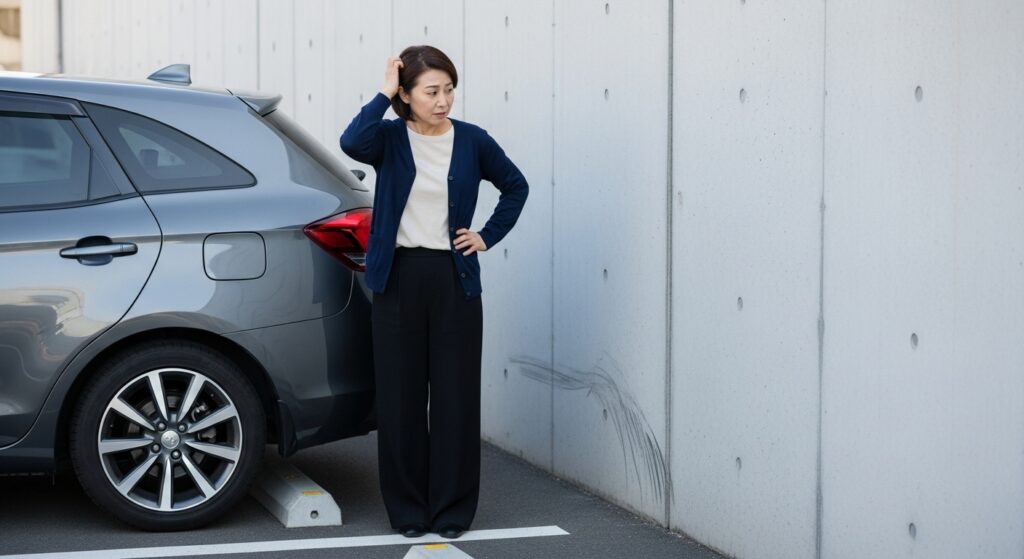 駐車場で車を擦ってしまい頭を抱える女性ドライバー