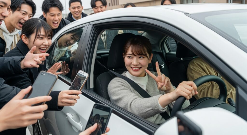ペーパードライバーの女性が運転席で笑顔でピースし、周囲の人々がスマホで撮影しているシーン