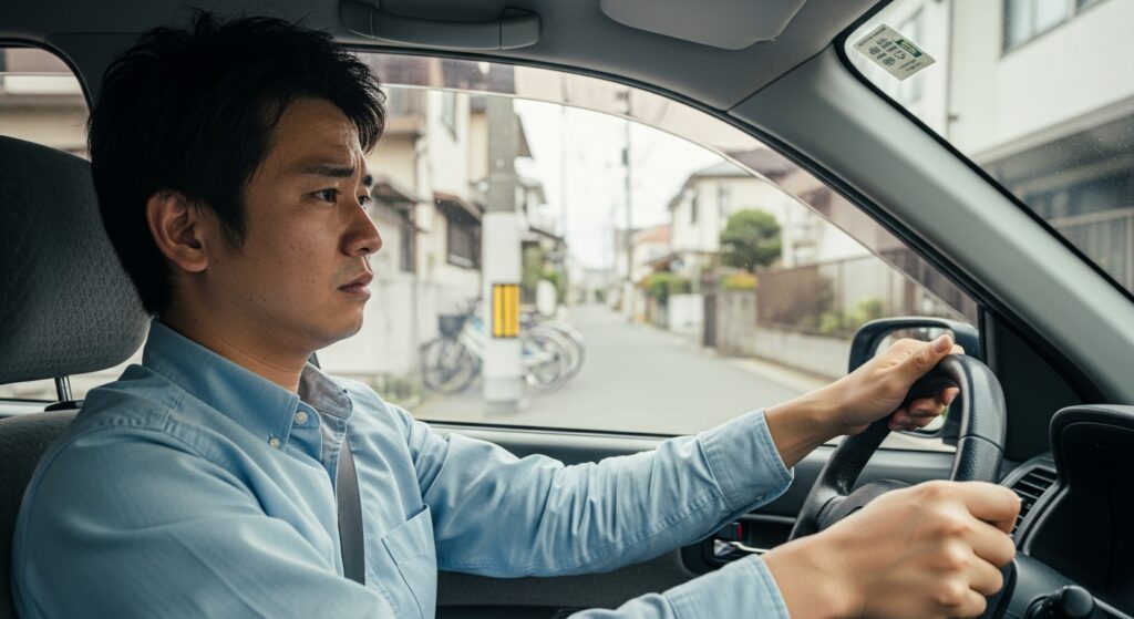 生活道路で緊張しながら一人で運転練習する男性