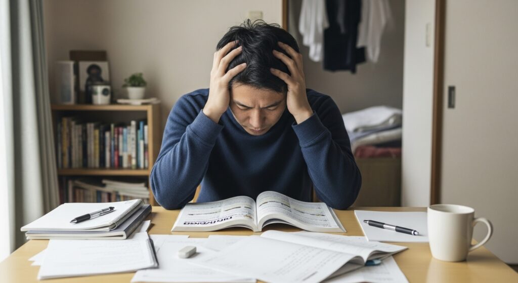 机に散らかったノートを前に頭を抱えて悩む男性