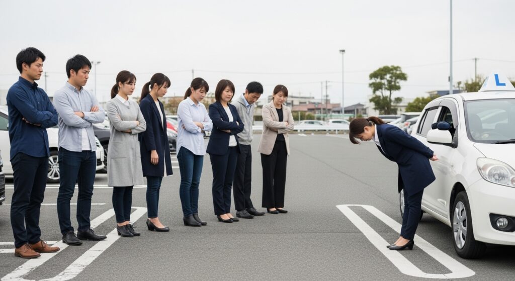 駐車場で一列に並んだ人々に向かって深く頭を下げる女性ドライバー｜ペーパードライバーの謝罪シーン