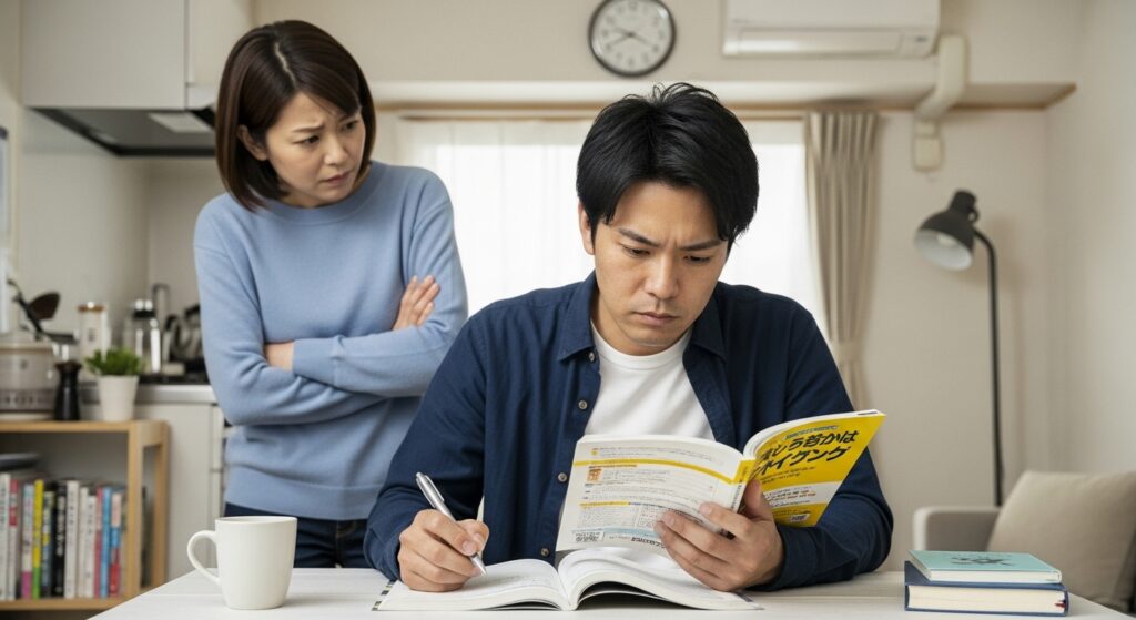 教本を使って独学で運転の勉強をする男性と、後ろで呆れ顔の女性