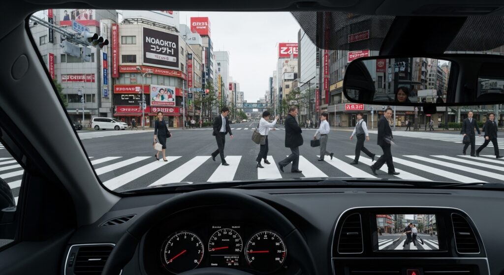 paperdriver-shibuya-crosswalk-crowd-anxiety 渋谷の交差点で群衆の歩行者を前に立ち止まる車内視点のシーン