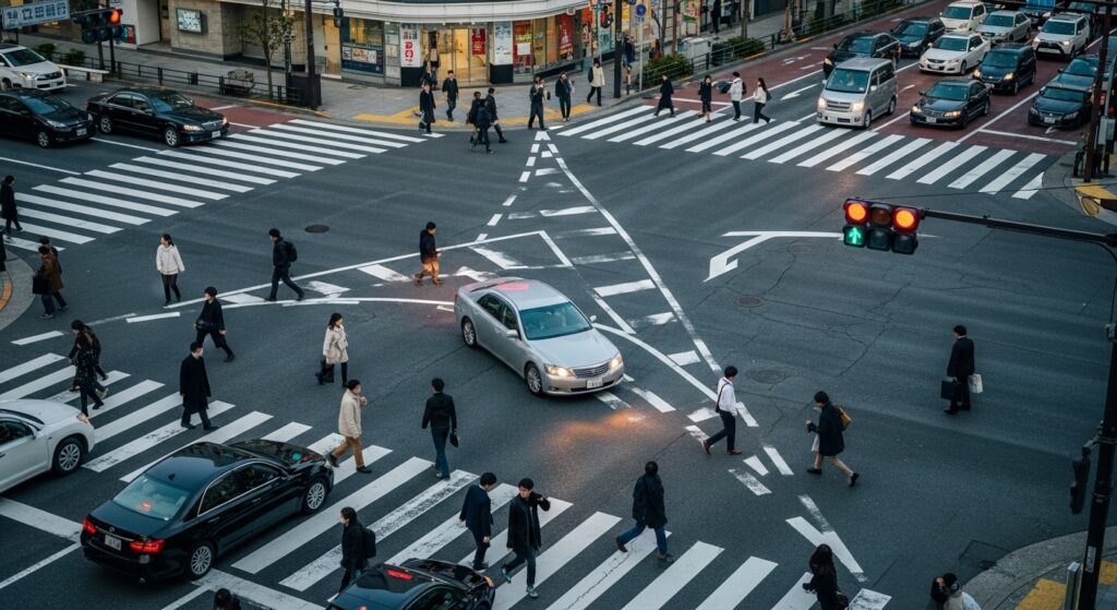 paperdriver-shibuya-crosswalk-stalled-car 交差点の真ん中で車が立ち往生し、歩行者や他の車の通行を妨げているシーン