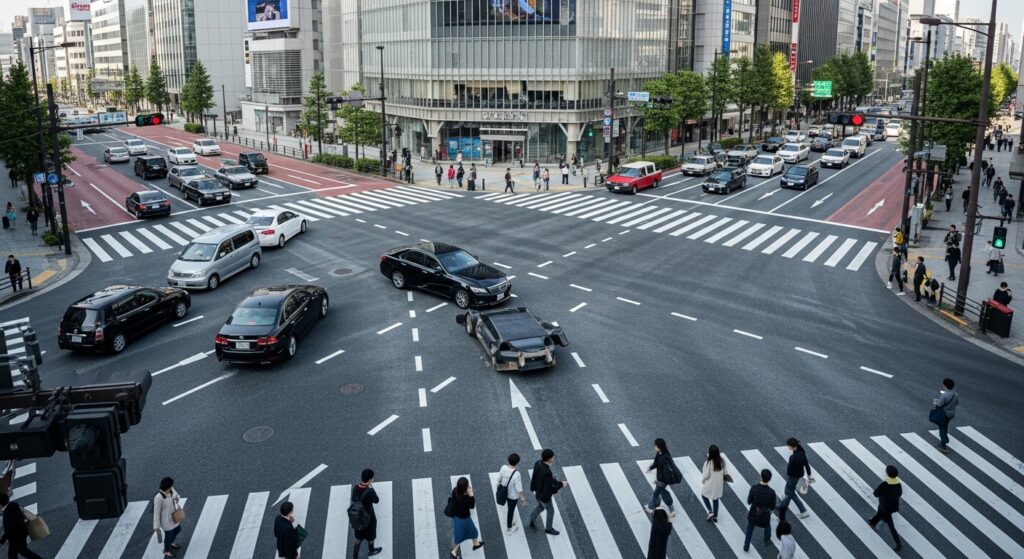 渋谷スクランブル交差点の真ん中で車が立ち往生し、歩行者の冷たい視線を浴びるシーン