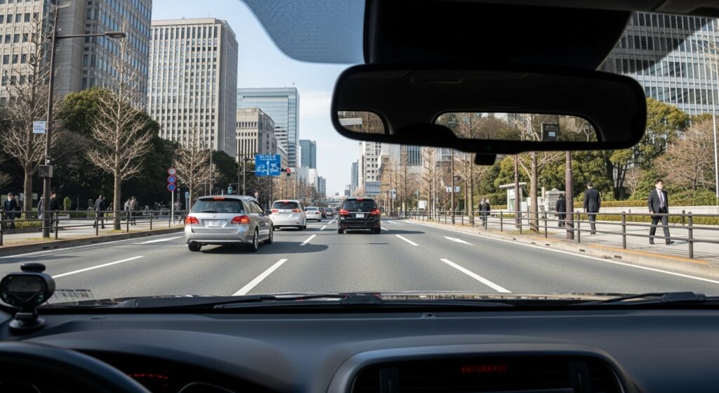 「新宿・十二社通りを車載視点で走行するシーン。片側三車線の道路に車が多く、歩道にはオフィスワーカーが行き交う様子」