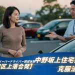 新宿区上落合発のペーパードライバー講習。駐車場でインストラクターと話す39歳女性と、青いバナーで「中野坂上住宅街ルート克服法」と書かれたテキスト入りアイキャッチ画像。