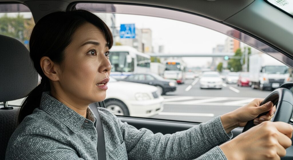 新宿の山手通りで車線変更できずクラクションを浴びて焦る女性ドライバー