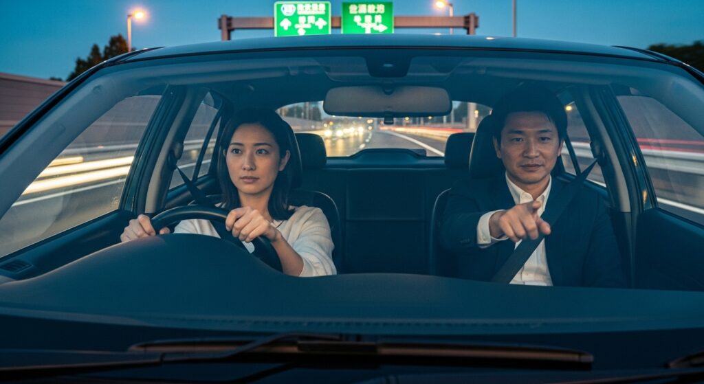首都高合流で運転指導を受ける39歳女性とインストラクター|ペーパードライバー講習 首都高を走行する39歳女性。右ハンドルの日本車を運転し、隣のインストラクターが前方を指差して合流タイミングを指導している。夕暮れ時、周囲にはヘッドライトの光が流れ、緊張感のあるシーン。