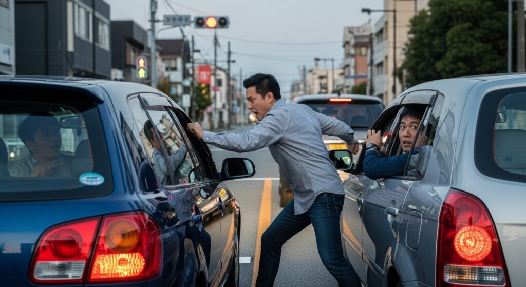 信号待ちの発進遅れや車線変更の迷いが周囲のドライバーを苛立たせ、口論やトラブルに発展するシーン