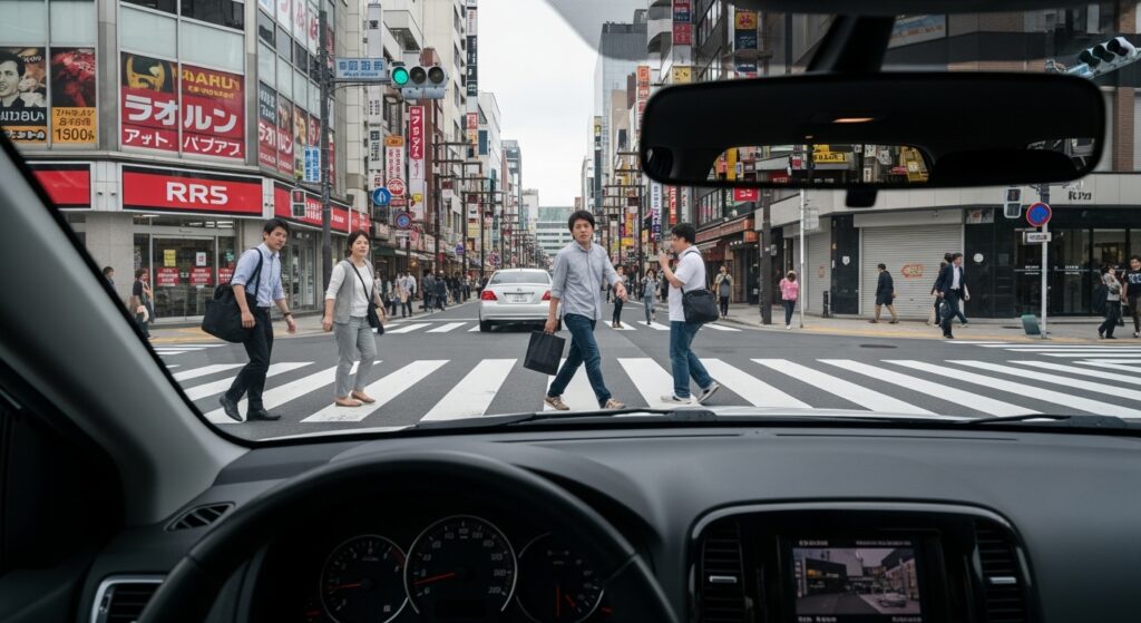 paperdriver-tokyo-crosswalk-beginner-training 東京の交差点で歩行者の流れを前に停車する車内視点。ペーパードライバーの練習シーン。