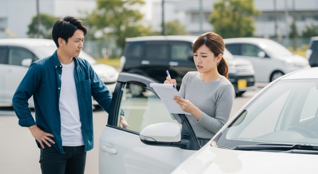 駐車場で男性と女性がチェックリストを使って運転練習の確認をしているシーン