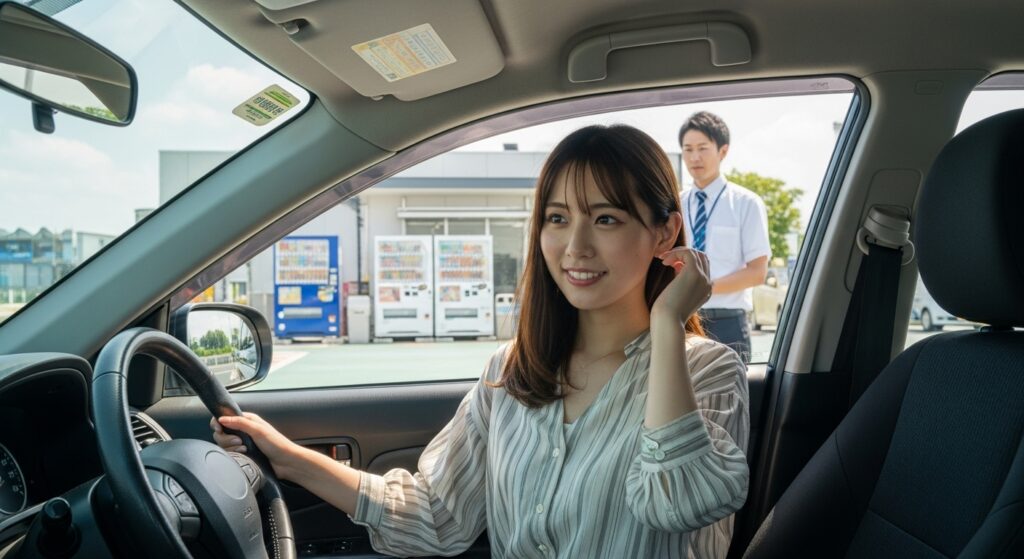 「高速道路講習に挑戦する日本人女性｜インストラクターと会話しながら自信を深めるペーパードライバー講習」