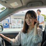 首都高合流ポイントで女性ドライバーが緊張しながら運転している車内の様子。ペーパードライバー講習で首都高デビューに挑戦するシーン。