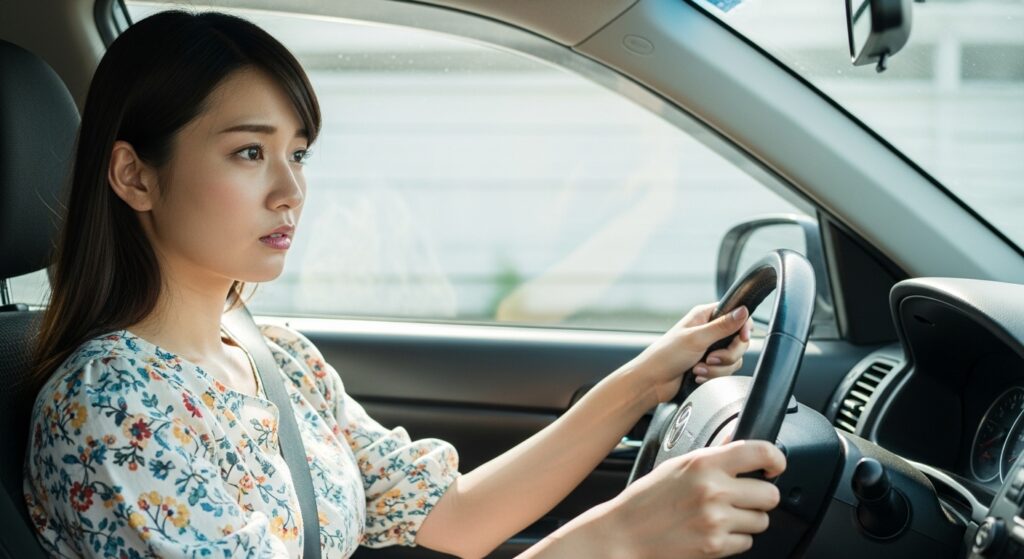 「外堀通りで運転練習をする日本人女性｜ペーパードライバー講習の車線変更と坂道走行」