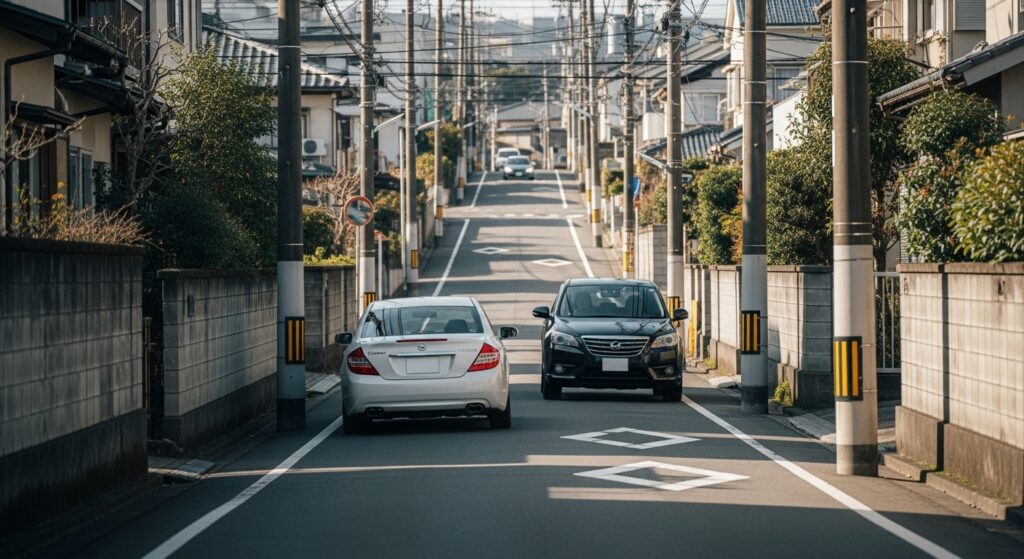狭い住宅街の道路ですれ違う2台の車｜ペーパードライバー講習の練習シーン