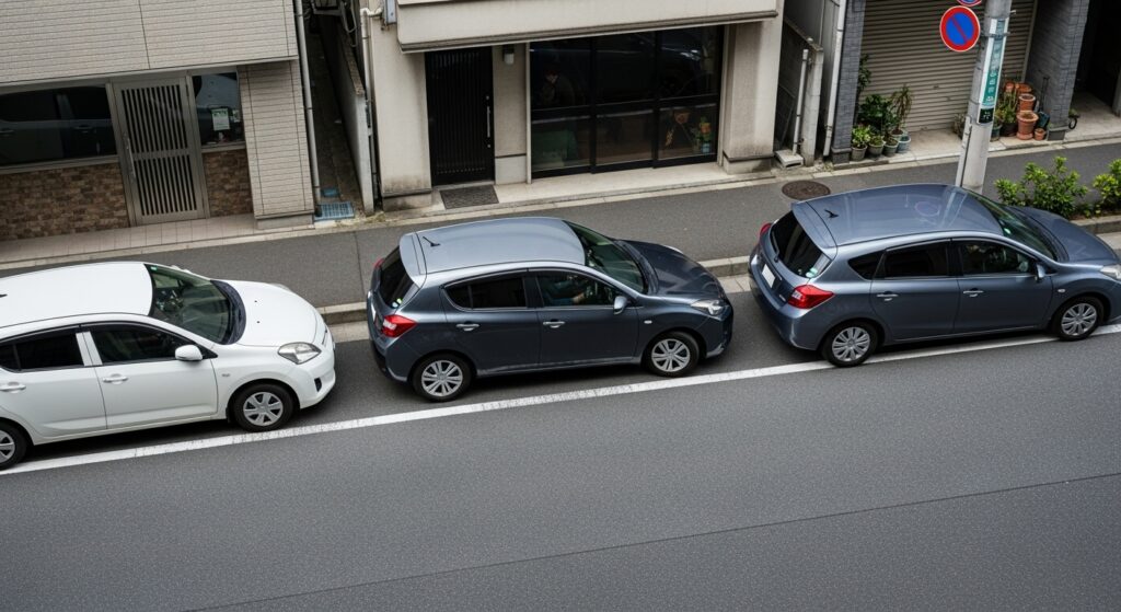 「都内の住宅街で縦列駐車されている3台の車。真上から撮影したリアルな駐車シーン。」