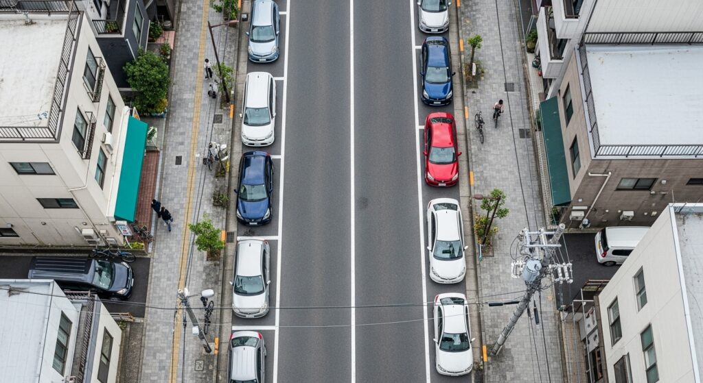 「東京都内の住宅街を真上から撮影した縦列駐車エリア。赤い車を含む複数の車が整然と停められている。」