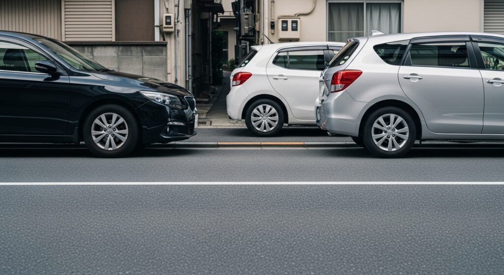 「縦列駐車を始める直前の黒い車。前後の車との間隔を確認しながらバックを開始する準備をしている。」