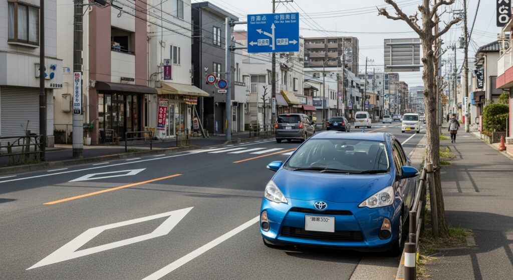 路肩に停車した青いコンパクトカー｜ペーパードライバーが駐車練習でクリープを使いながら落ち着いて操作する様子
