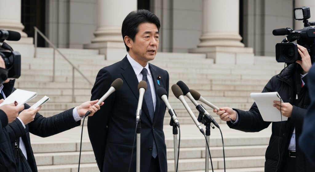 政治家が記者団の前で記者会見を行い、ガソリン税の暫定税率引き下げについて説明している様子。