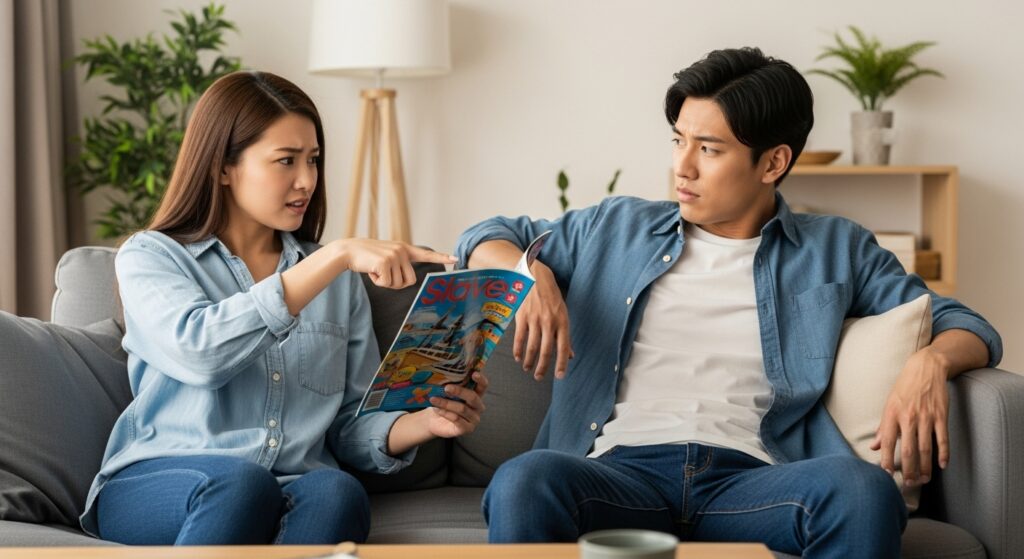 「プライドを守るための嘘に揺れる日本人カップルのリビングシーン」 「リビングのソファで旅行雑誌を見せながら男性に問い詰める女性と、不安げに受け答えする男性カップル」