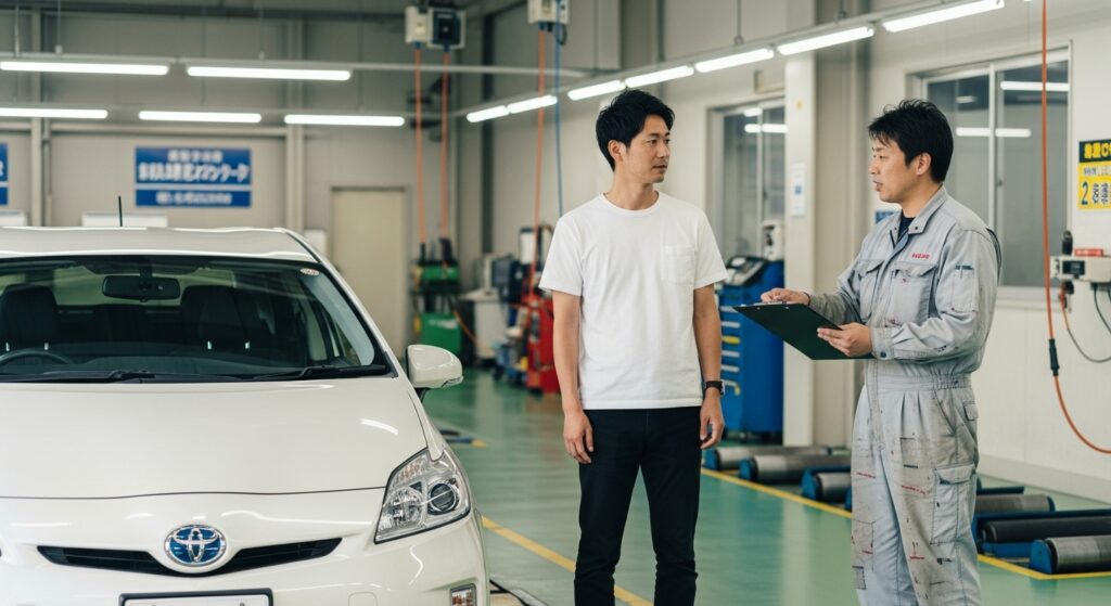 車検場で整備士からタイヤ交換や安全点検について説明を受ける男性。次回車検まで安全に走るためのアドバイスシーン。