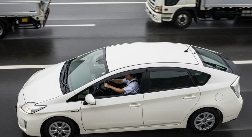 雨の高速道路を走る白いプリウス。タイヤの状態が安全走行に直結することを伝えるイメージ。