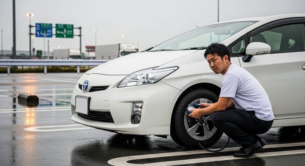 雨の駐車場で白いプリウスのタイヤ空気圧を測定する男性。左右の摩耗やアライメント不良の確認にもつながる点検シーン。