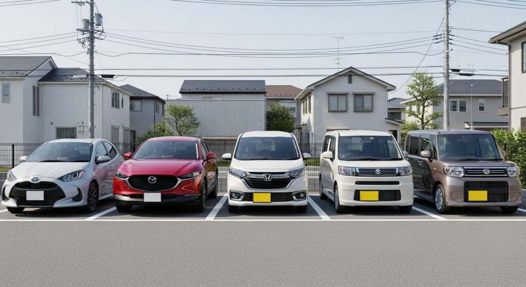 駐車場に並ぶ5台の人気車種。コンパクトカーや軽自動車など、マイカー講習におすすめの車が勢ぞろい。