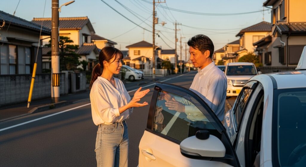 夕暮れの住宅街で車のドアの横に立ち、インストラクターとハンドル操作について会話している20代女性ドライバー。指導後に操作のポイントを振り返っている場面。