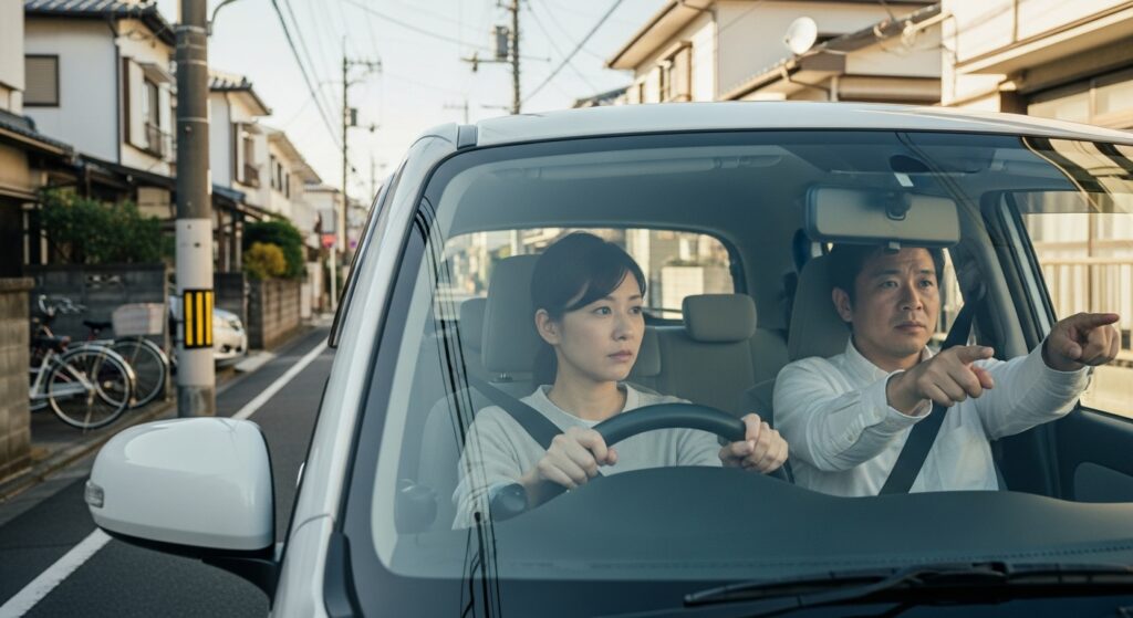 交通量の少ない住宅街をゆっくり走行し、同乗者が進行方向を指差して指導しているシーン。狭い道でのすれ違いや一時停止の練習。
