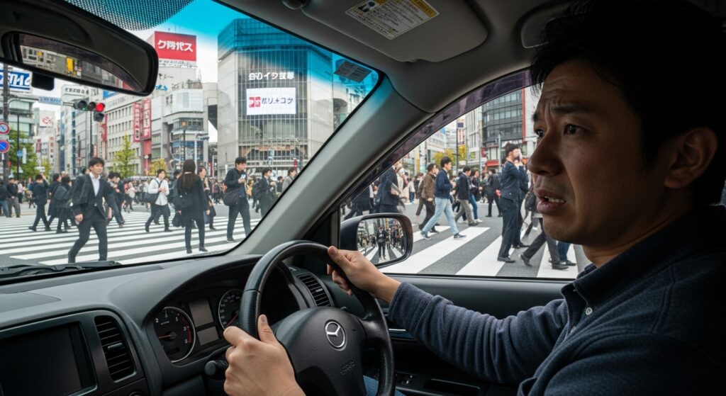 渋谷スクランブル交差点で立ち往生し、判断に迷う男性ドライバーの車内視点