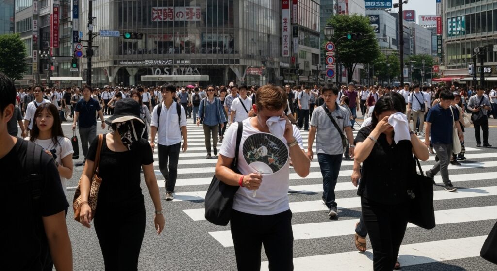 真夏の渋谷スクランブル交差点を歩く人々。猛暑で汗を拭き、日差しに耐える姿。