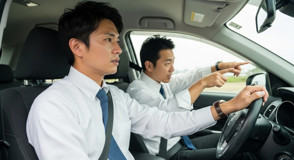「新宿区の企業に勤務する30代男性がペーパードライバー講習で運転練習中。隣のインストラクターが指示を出し、男性は真剣な表情でハンドルを握っている。」