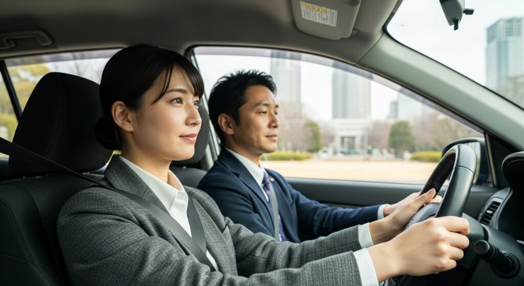 「新宿・都庁裏エリアを走行する20代女性受講者とインストラクター。混雑する環境で“先読み運転”の重要性を学ぶ講習シーン」