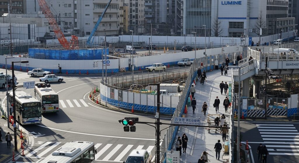 新宿西口交差点の右折シーン。バスやタクシーが行き交う中、仮設歩道橋を歩く歩行者や工事中の風景が見える。