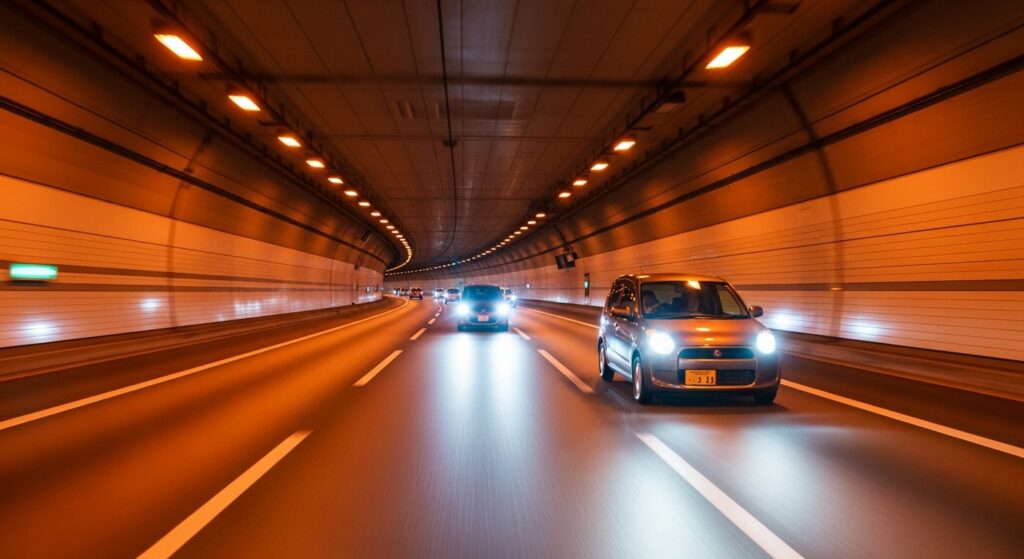 首都高のトンネル内を走行する車列。オレンジ色の照明の下で複数の車が前後に走り、車線変更や合流が求められる状況を表現。