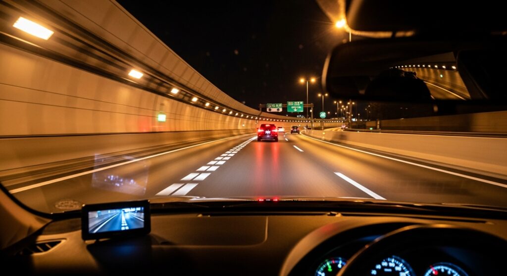 首都高の夜間走行を車内から見た視点。合流レーンの破線が続き、前方に緑の案内標識と車列。