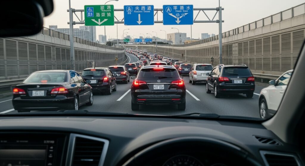 首都高の渋滞シーン。車内からの視点で多数の車が連なる様子が見え、前方には福浦・夫西道・笹瀬水方面の案内標識が表示されている。
