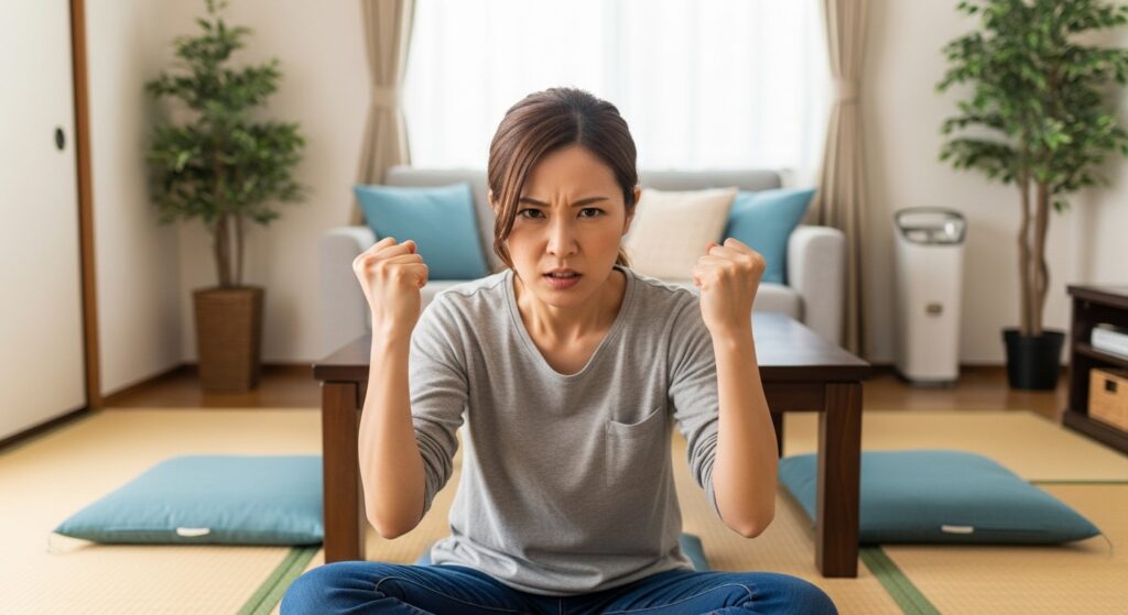 和室のリビングで正座し、両手を握りしめて気合いを入れる30代女性。首都高デビューを翌日に控え、心の準備を整えている場面。